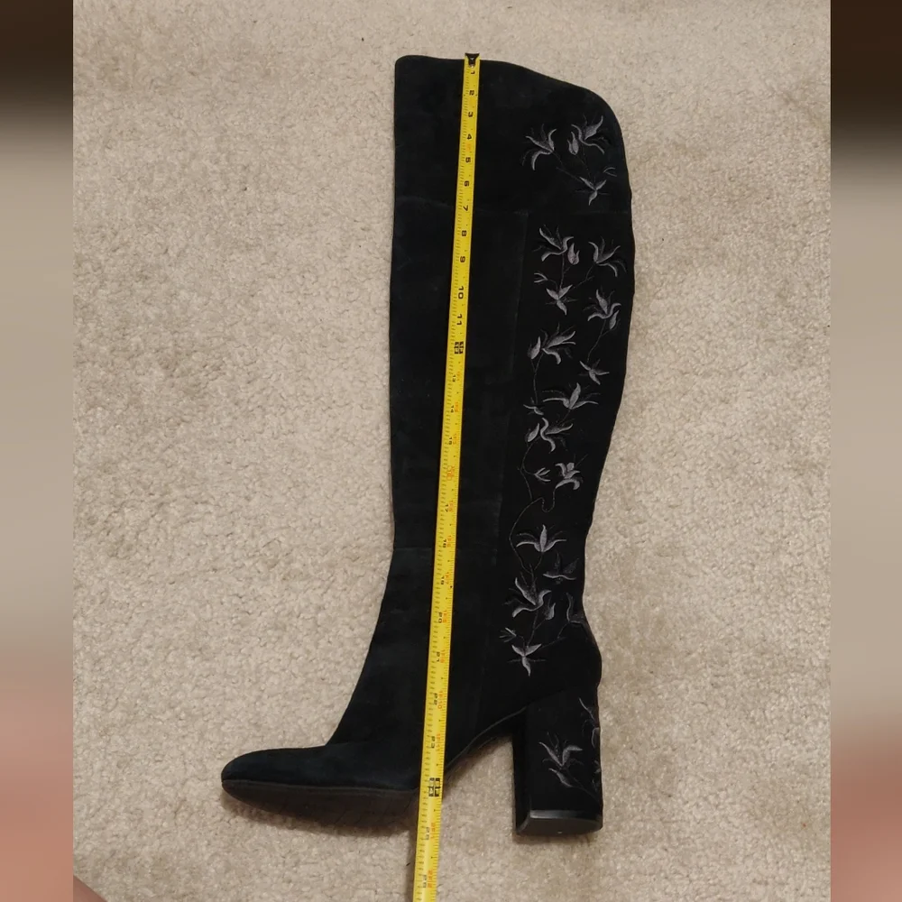 Kenneth Cole Claire Over-the-Knee Floral Embroidered Black Suede Boots Sz 6.5